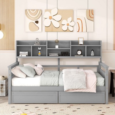Daybed,Wood Slat Support Daybed Frame With Bedside Shelves And Two Drawers,Daybed Storage,Daybed For Bedroom-Cuddlewood