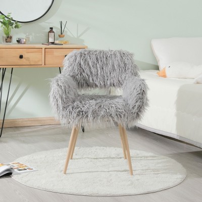 Vynxaria Gray Faux Fur Accent Chairs - Upholstered Dining and Makeup Chair with Beech Metal Legs