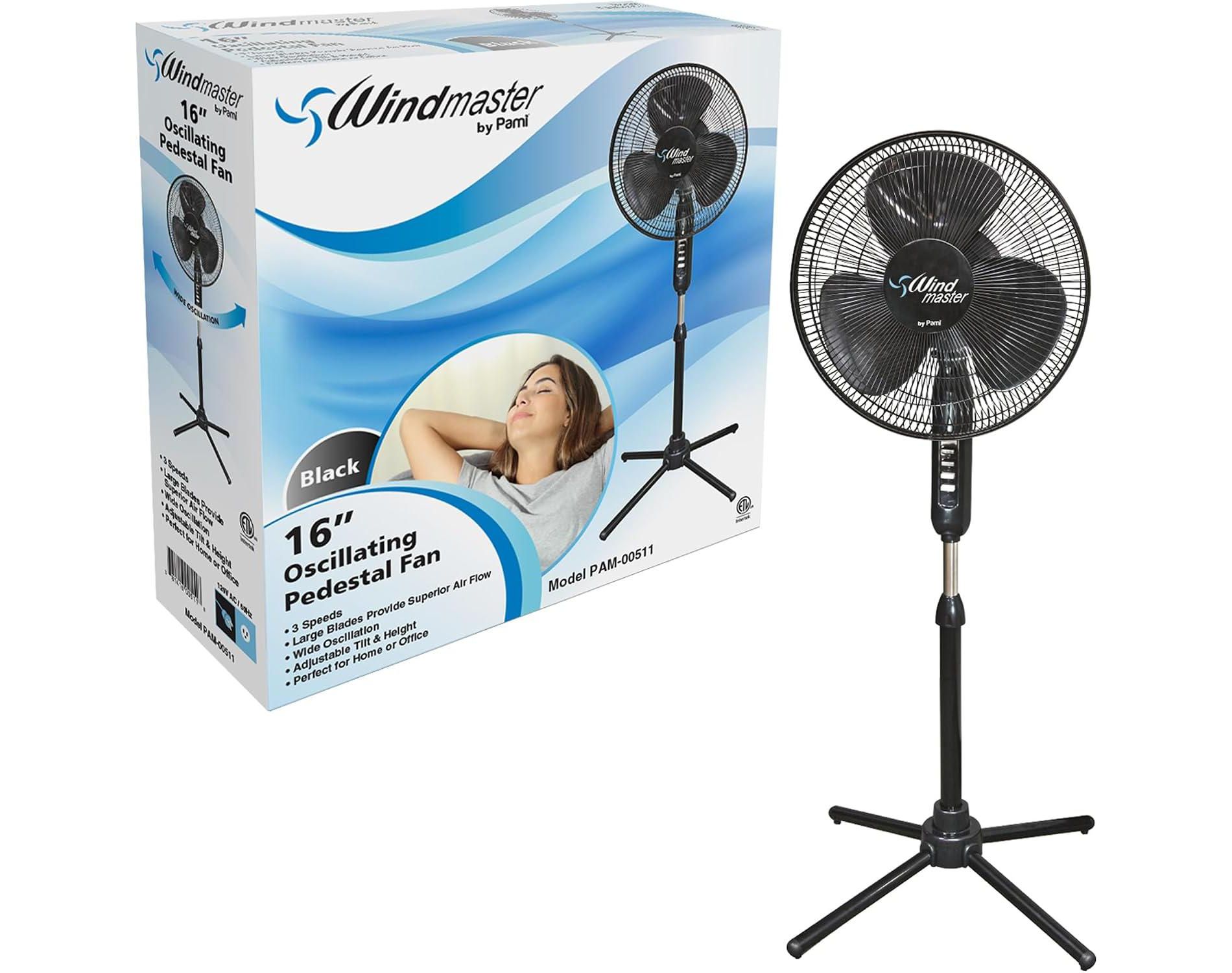 PAMI 16" Oscillating Pedestal Fan, 3-Speed Standing Floor Fan, Adjustable Height & Tilt, Portable