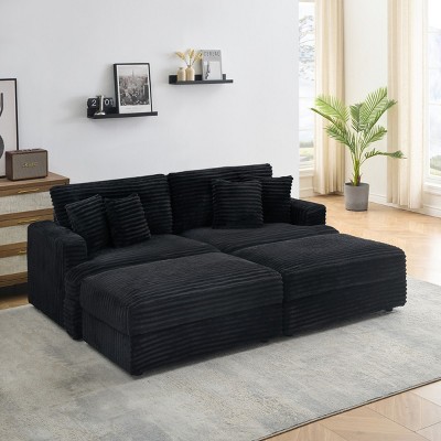 Modern 88.6" Corduroy Deep Seat Sofa with 2 Storage Ottomans, Cloud-Like Comfy 3-Seater Couch for Living Room or Small Spaces-The Pop Home