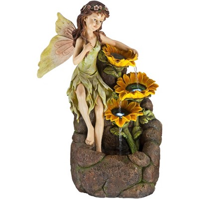 John Timberland Outdoor Floor Water Fountain with Light LED 26" High Cascading Garden Fairy and Sunflowers for Yard Garden Patio