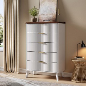 5 Drawer Dresser for Bedroom, Tall Fluted Wood Chest with Gold Handles, Modern Dressers with Thickened Design for Living Room - 1 of 4