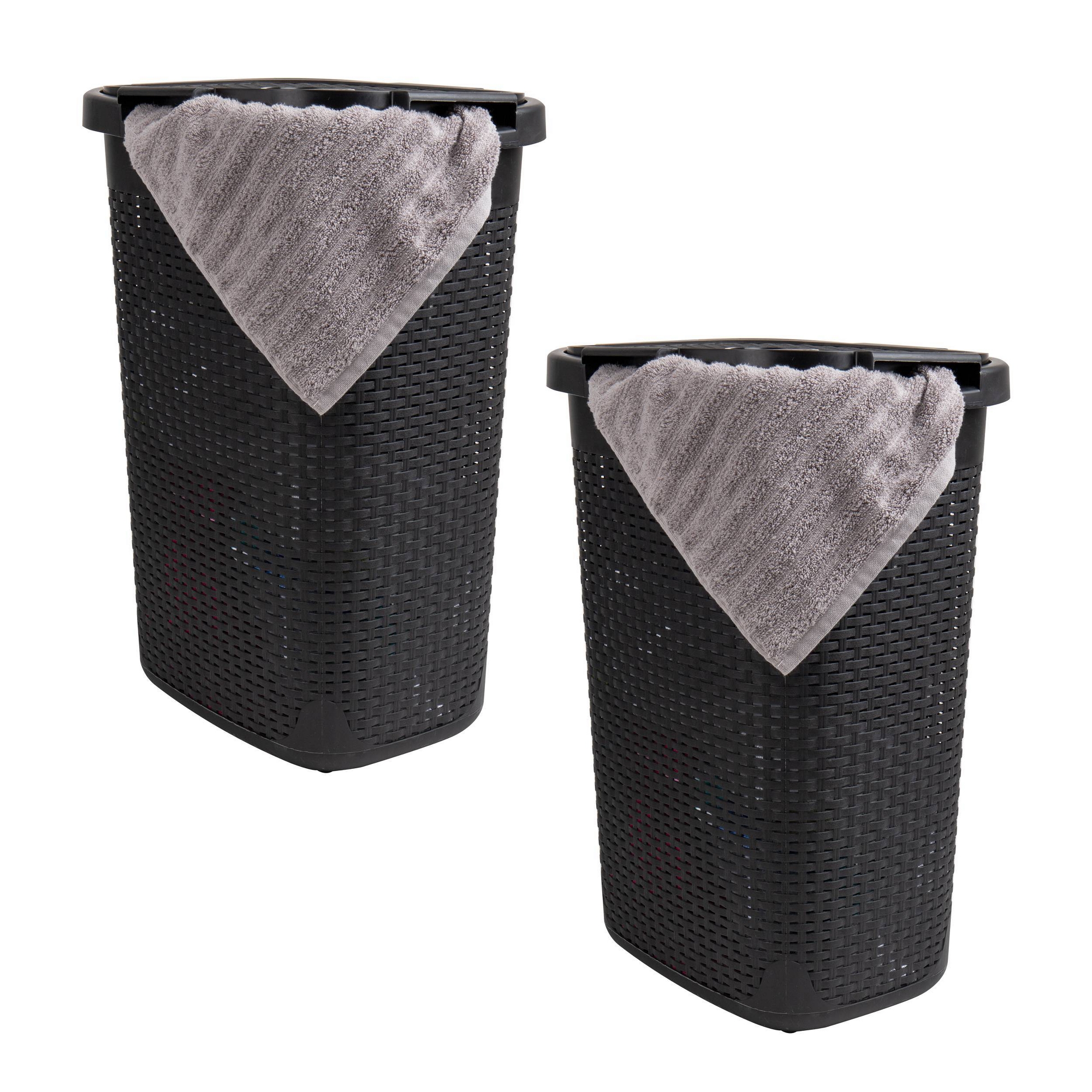 Mind Reader 2pk 60L Premium Wicker Look Slim Hamper Black