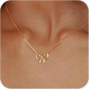 Gold Bow Pendant Necklace for Women, 14K Gold Plated CZ Bead Choker Christmas Gift - 1 of 4