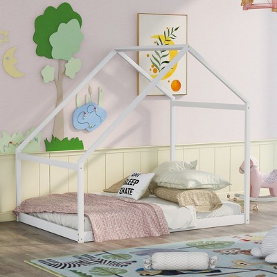 Twin Size Wooden House Bed, Tent-shaped Floor Bed, Fun Playhouse Bed Frames, House Bed Frame With Roof, For Kids Girls & Boys Home Bedroom