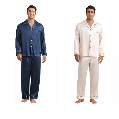INSPIRE CHIC Men's 2 Pack Sleepwear Button Down Long Sleeve Classic Satin Pajamas Sets