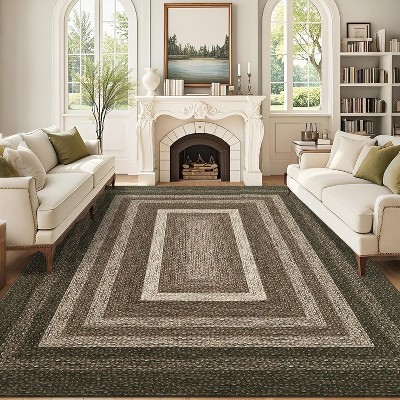 Bordered Braided Print Rug – Modern Washable Stain Resistant Non-Slip Indoor Carpet for Living Room, Bedroom, Nursery – Colorful