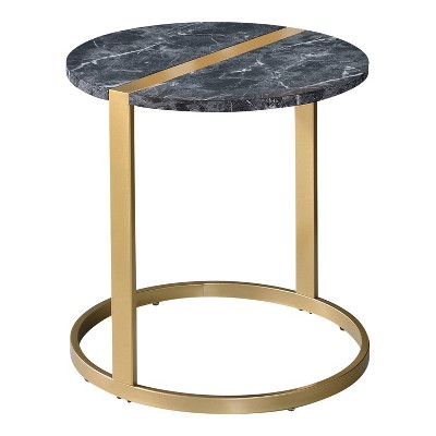24/7 Shop At Home Aldergrove Round Side Table Gold/Black: Chic Faux Marble Top, Steel Frame, Modern Decor, 19" Height