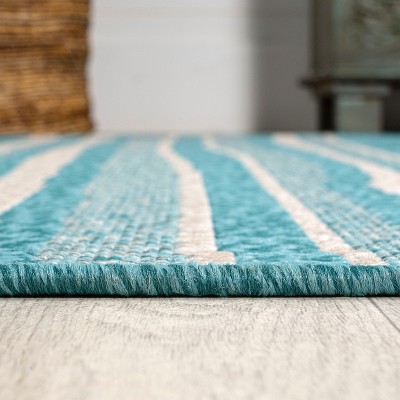 Aqua and Cream Stripe Synthetic 4' x 6' Indoor/Outdoor Rug