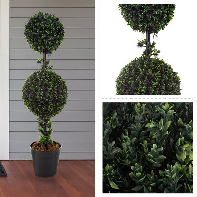 36-Inch Double Ball Podocarpus Faux Plant in Gray Plastic Pot