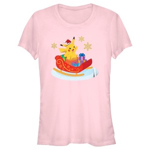 Juniors Womens Pokemon Christmas Pikachu Sleigh T-Shirt - 1 of 4