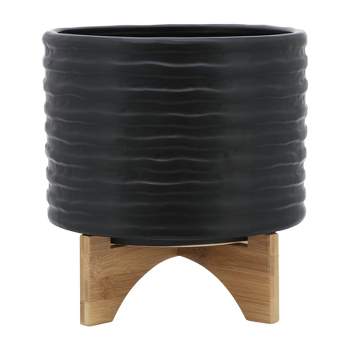 Sagebrook Home Textured Round Ceramic Planter Pot with Wood Stand
