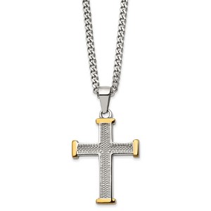Chisel Stainless Steel and Textured Yellow IP-plated Cross Pendant on a 22" Curb Chain Necklace - 1 of 2