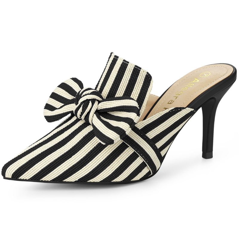 Allegra K Women's Pointed Toe Stripe Bow Slip-on Stiletto Heel Slides Mules, 1 of 7