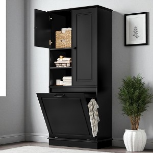 Mshliw Tall Bathroom Storage Cabinet with Flip-Out Basket, Adjustable Shelves & 2 Doors, MDF Cabinet with Aluminum Alloy Handles - 1 of 4