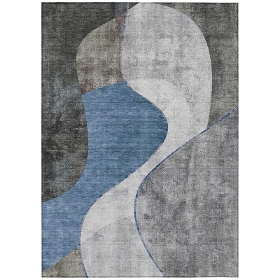 Denim Blue And Sky Blue Abstract Washable Indoor Outdoor Area Rug