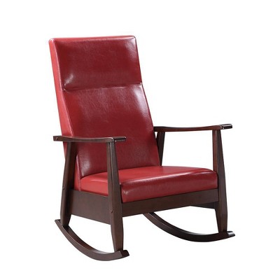 Luxurious Espresso and Red PU Mid-Century Rocking Chair