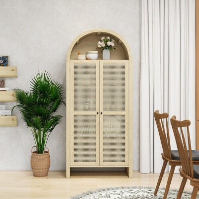 70"H Arched Rattan Door Kitchen Pantry,Beige Arched Storage Cabinet With 2 Drawers And Adjustable Shelves-Maison Boucle