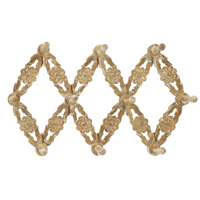 30" x 11" Large Natural Wood Wall Hook Accordion Rack with Carved Floral Design and 10 Wood Pegs - Olivia & May