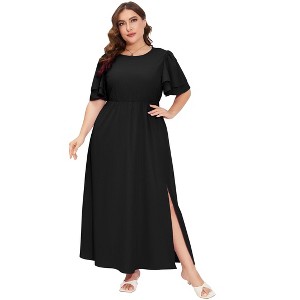 Plus Size Women's Tiered Ruffle Sleeve Maxi Dress with High Slit Elegant Long Flowy Party Dress - 1 of 4