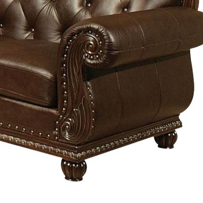 Elegant Brown Faux Leather Tufted Loveseat with Rolled Arms and Nailhead Detail