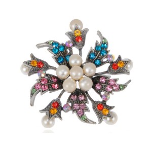 Anna-Kaci Crystal Rhinestone Faux Pearl Flower Swirl Wreath Fashion Pin Brooch - 1 of 4