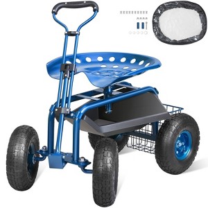 VEVOR Garden Cart Rolling Workseat with Wheels, 360 Degree Swivel Seat, Wagon Scooter with Steering Handle & Utility Tool Tray, Use, Blue - 1 of 4