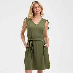 Lands' End Women's Cotton Jersey Shoulder Tie Belted Mini Dress - Artichoke
