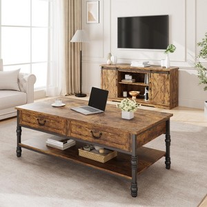 41" Rustic Coffee Table with 2 Storage Drawers - Rectangular Wood Table w/Storage Shelf & Metal Legs for Living Room Office,brown - 1 of 4
