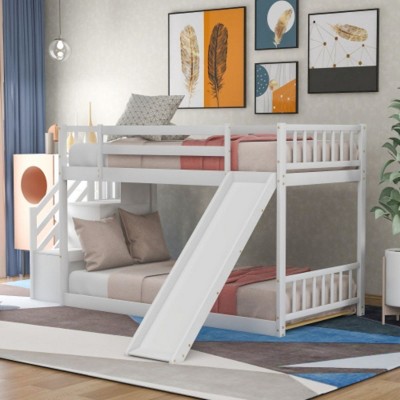 Multifunctional Twin Over Twin Bunk Bed With Slide Handrail Guardrail Staircase Space-Saving Bedroom Dormitory Furniture For Kids Teens Bedroom