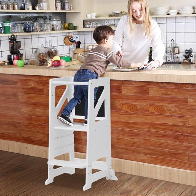 Wooden Toddler Kitchen Step Stool with Double-Sided Chalkboard, Adjustable Standing Tower with Safety Rails & Non-Slip Strips
