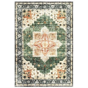 Washable Vintage Rug Non Slip Low Pile Rug Soft Retro Medallion Distressed Throw Floor Cover Foldable Indoor Carpet for Living Room Bedroom Playroom - 1 of 4