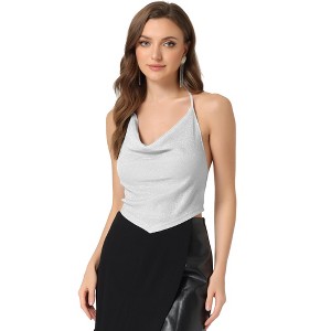 Allegra K Women's Clubwear Halter Glitter Cowl Neck Draped Backless Crop Cami Tops - 1 of 4