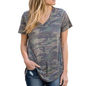 Amaryllis Women's Short-Sleeve Casual V-Neck Camouflage Print Soft Durable High Low Tee - 1 of 4