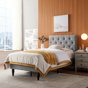 Twin Size Platform Bed with Upholstered Headboard for Bedroom - 1 of 4