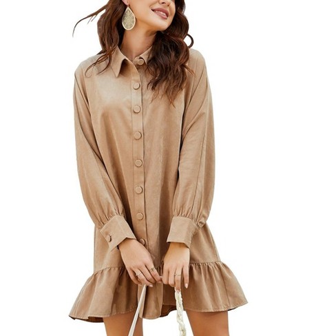 Women's Babydoll Ruffle Hem Shirt Dress Button Up Long Sleeve Collared Mini Dress - image 1 of 4