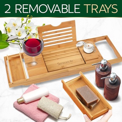 Adjustable Dark Brown Bamboo Freestanding Bathtub Caddy Tray