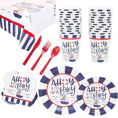 Sparkle and Bash 169 Piece Serve 24 Ahoy It's a Boy Nautical Baby Shower Party Supplies Decorations – Dinnerware, Tablecloth