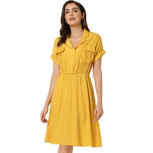 Allegra K Women's Notched Lapel Elastic Waist Pocket A-Line Safari Shirt Dresses - 1 of 4
