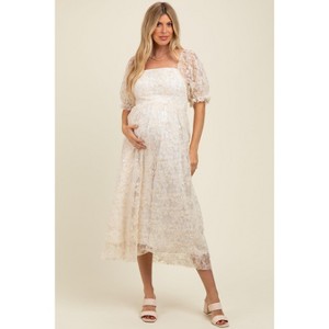 Pinkblush Cream Floral Mesh Overlay Tie Back Maternity Midi Dress - 1 of 4