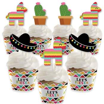 Big Dot of Happiness Let's Fiesta - Cupcake Decoration - Fiesta Cupcake Wrappers and Treat Picks Kit - Set of 24