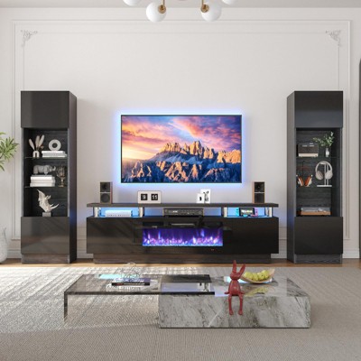 AOXUN Entertainment Center with Fireplace and Bookcases, Includes 70" 2-Tier Fireplace TV Stand with 36" Fireplace, 2 Bookshelves with Doors, Black