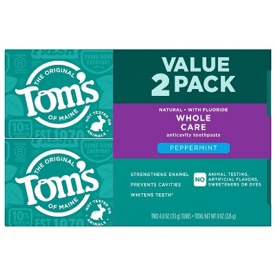 Tom's of Maine Whole Care Fluoride Toothpaste - Peppermint 2pk/4oz: Gluten-Free, Vegan, Contains Baking Soda