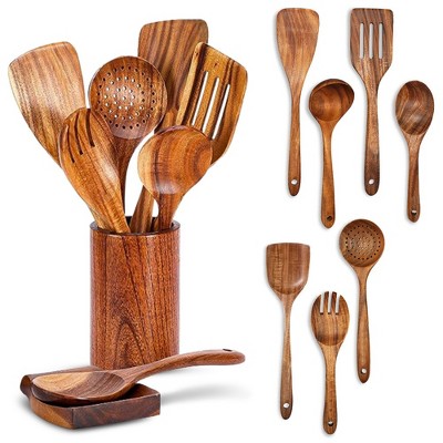 Deluxe 9-Piece Natural Wood Cooking Utensils Set with Holder