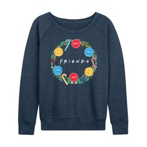 Women's Friends Wreath Lightweight French Terry Wide Neck Long Sleeve Graphic Shirt - Heather Indigo - 2 X-Large - 1 of 4