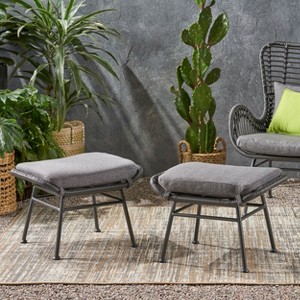 Gulches Faux Rattan Outdoor Patio Ottoman with Cushion (Set of 2),Gray - 1 of 4
