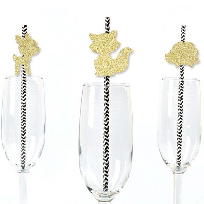 Big Dot of Happiness Gold Glitter Fox Deer & Hedgehog Party Straws - No-Mess Real Glitter Cut-Outs & Baby Shower or Birthday Party Paper Straws -24 ct