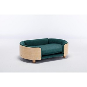 Gulches Scandinavian Style M sized Dog Pet Sofa with Solid Wood Legs, Curved Natural Wood Wooden Back, Velvet Cushion in Green - 1 of 4