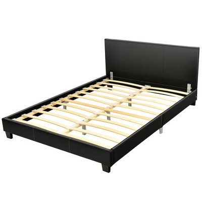 Costway Full Upholstered Platform Bed Frame with Linen/PU Headboard Wood Slat Gray/Black