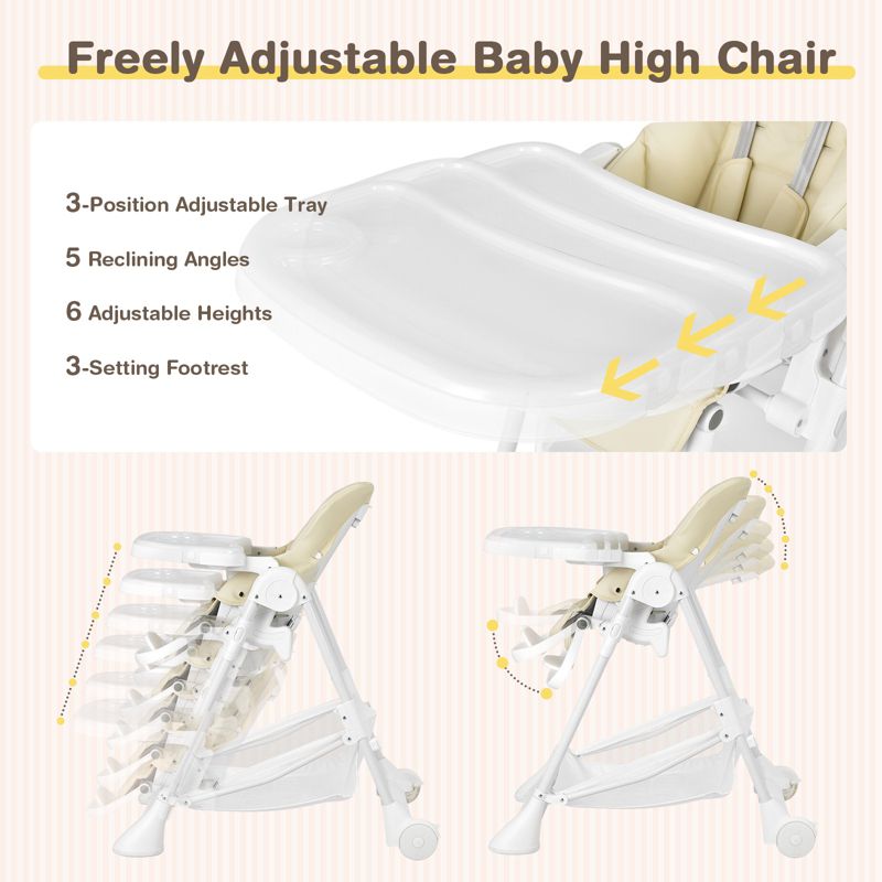 Infans Baby Convertible Folding Adjustable High Chair w/Wheel Tray Storage Basket Beige, 5 of 8